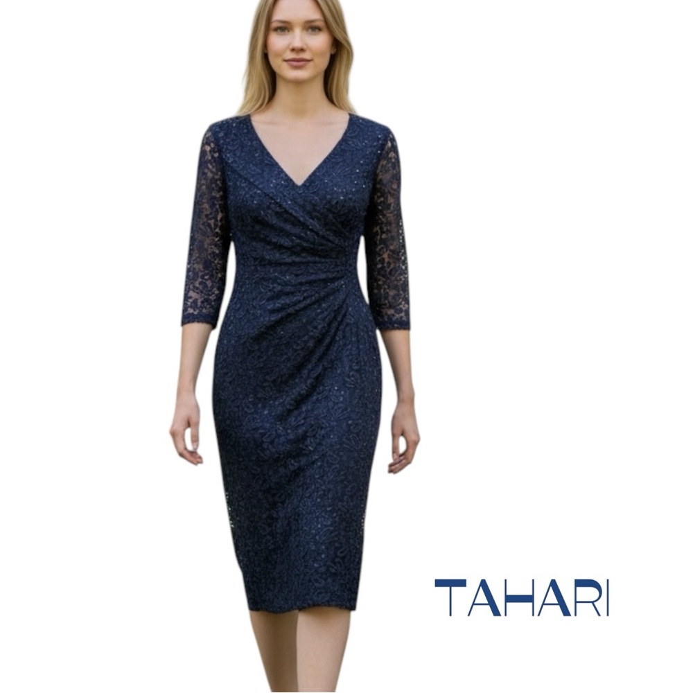 Tahari Sheer Navy Lace Sequined Ruched Dress NWOT Size 4